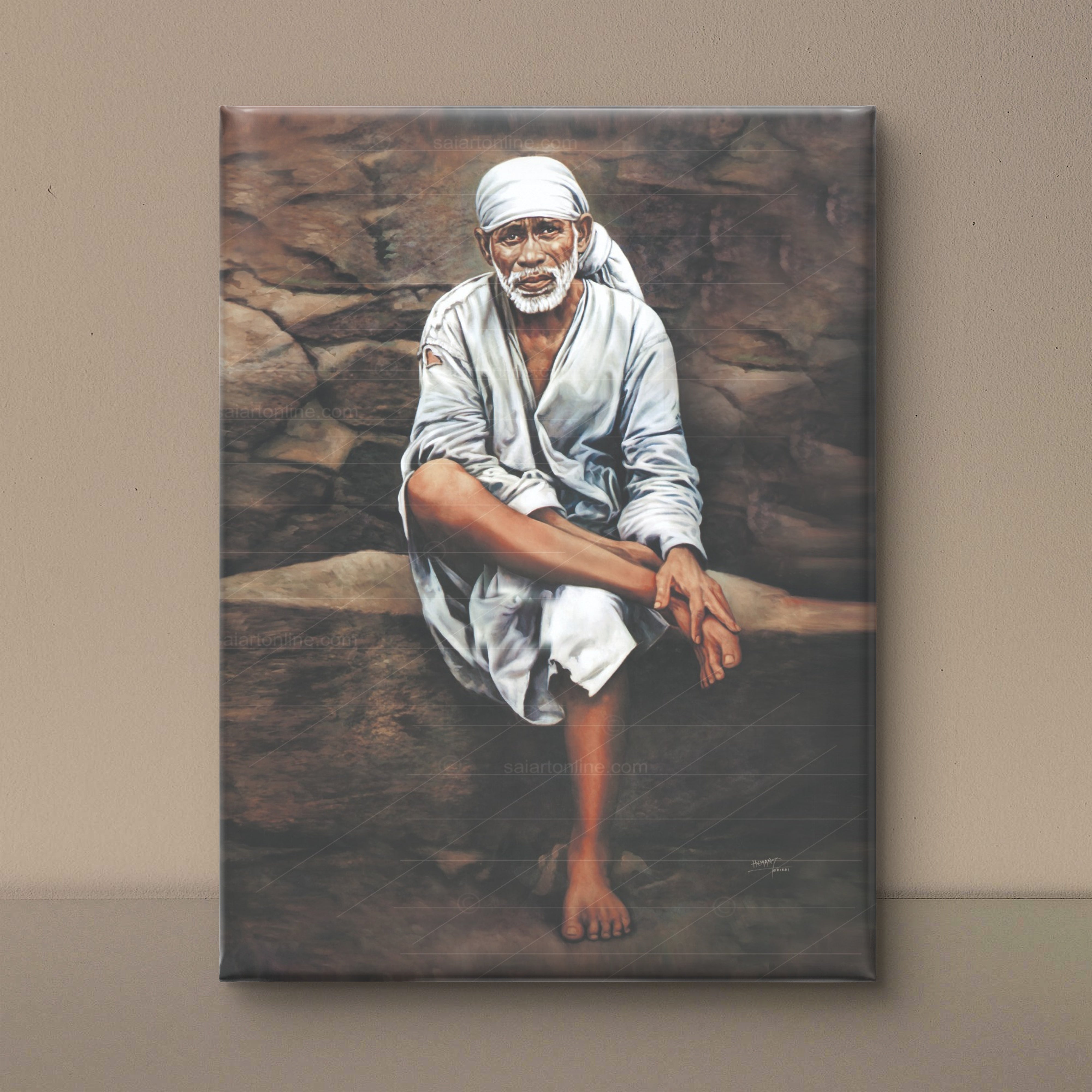 Shirdi Sai Baba Photo Sitting On Stone Hand Painting Canvas Reprint Wall Art Decor photo, Picture/Poster